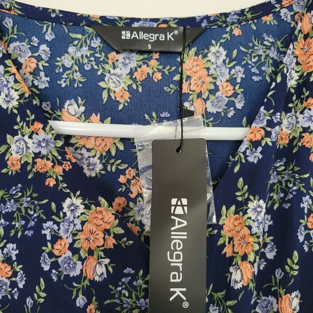 Allegra K Vneck Longsleeve Blue And Orange Floral Dress - Picture 5 of 6